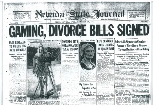 The Nevada State Journal shouts out the big news on page one, March 20, 1931