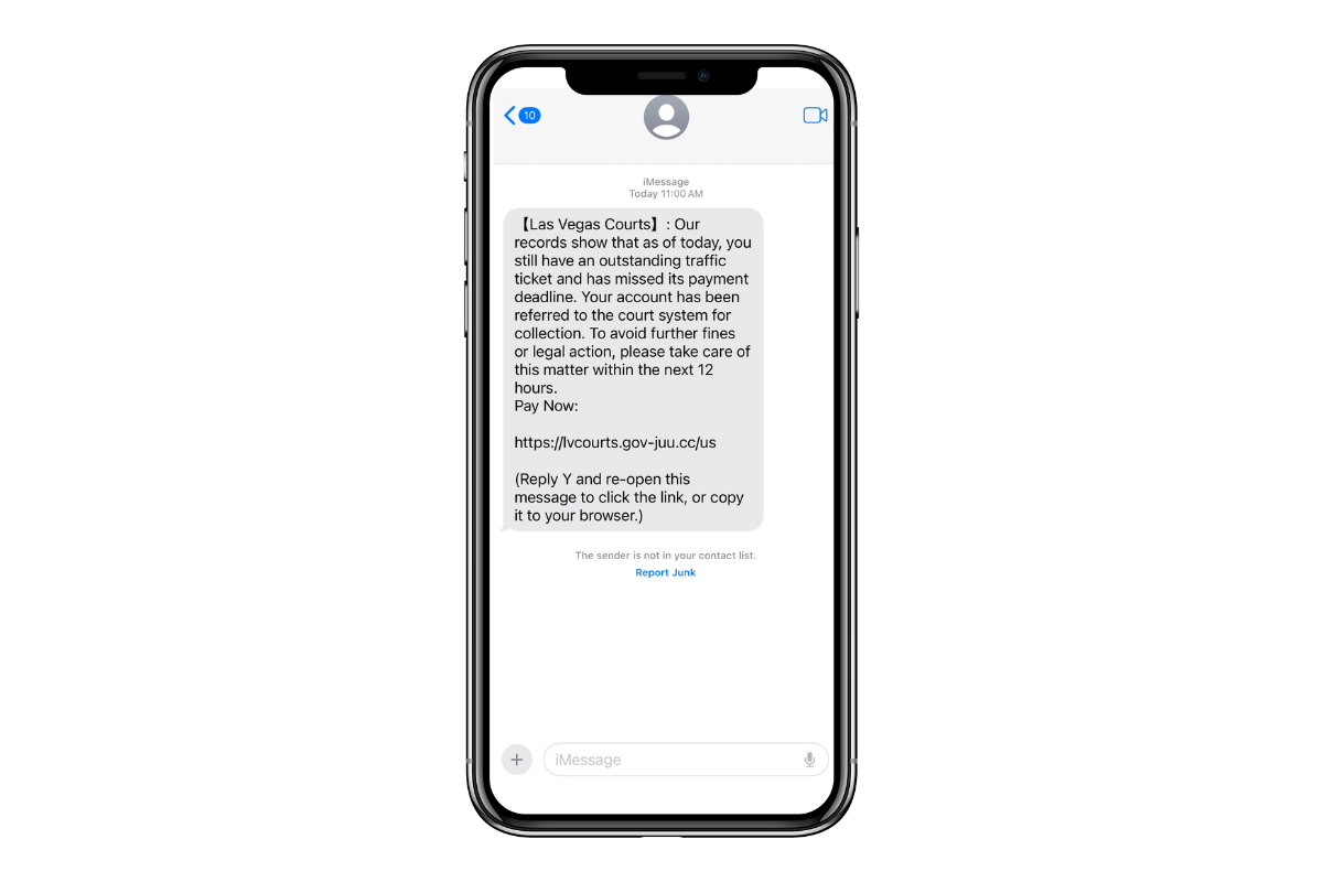 iPhone text message showing fraudulent text saying a traffic ticket is overdue