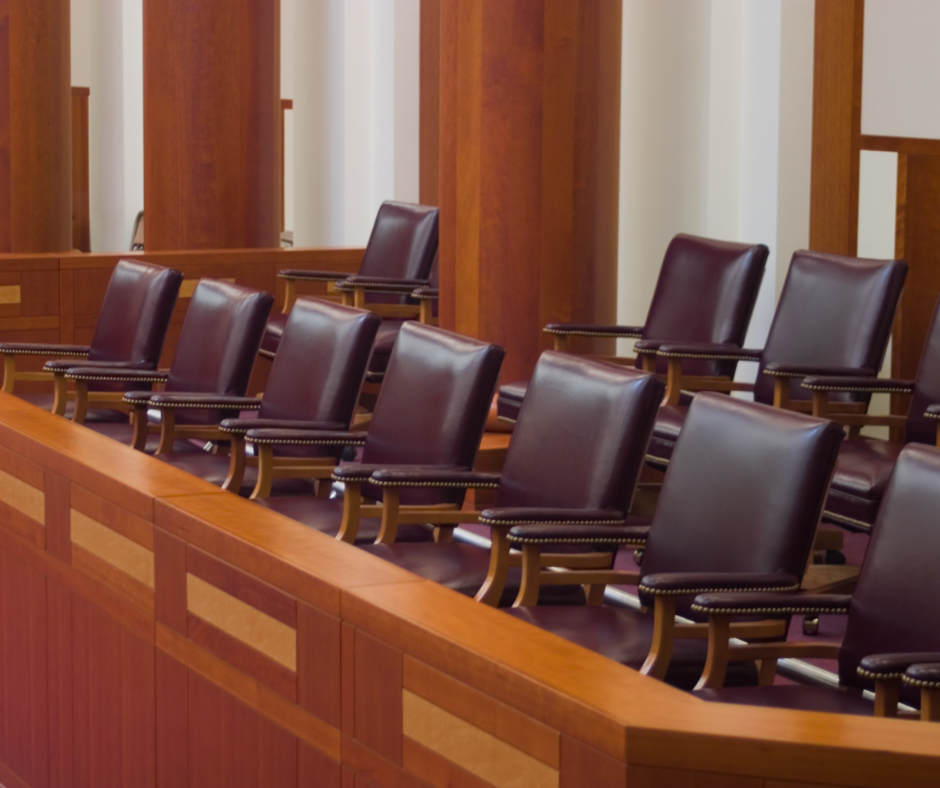 Empty jury box in a courtroom