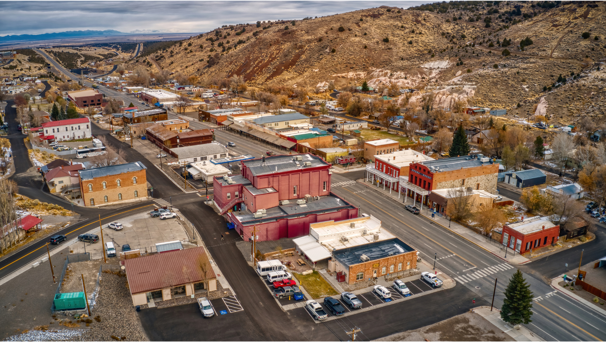 Aerial view of the town of Eureka, Nevada on Highway 50