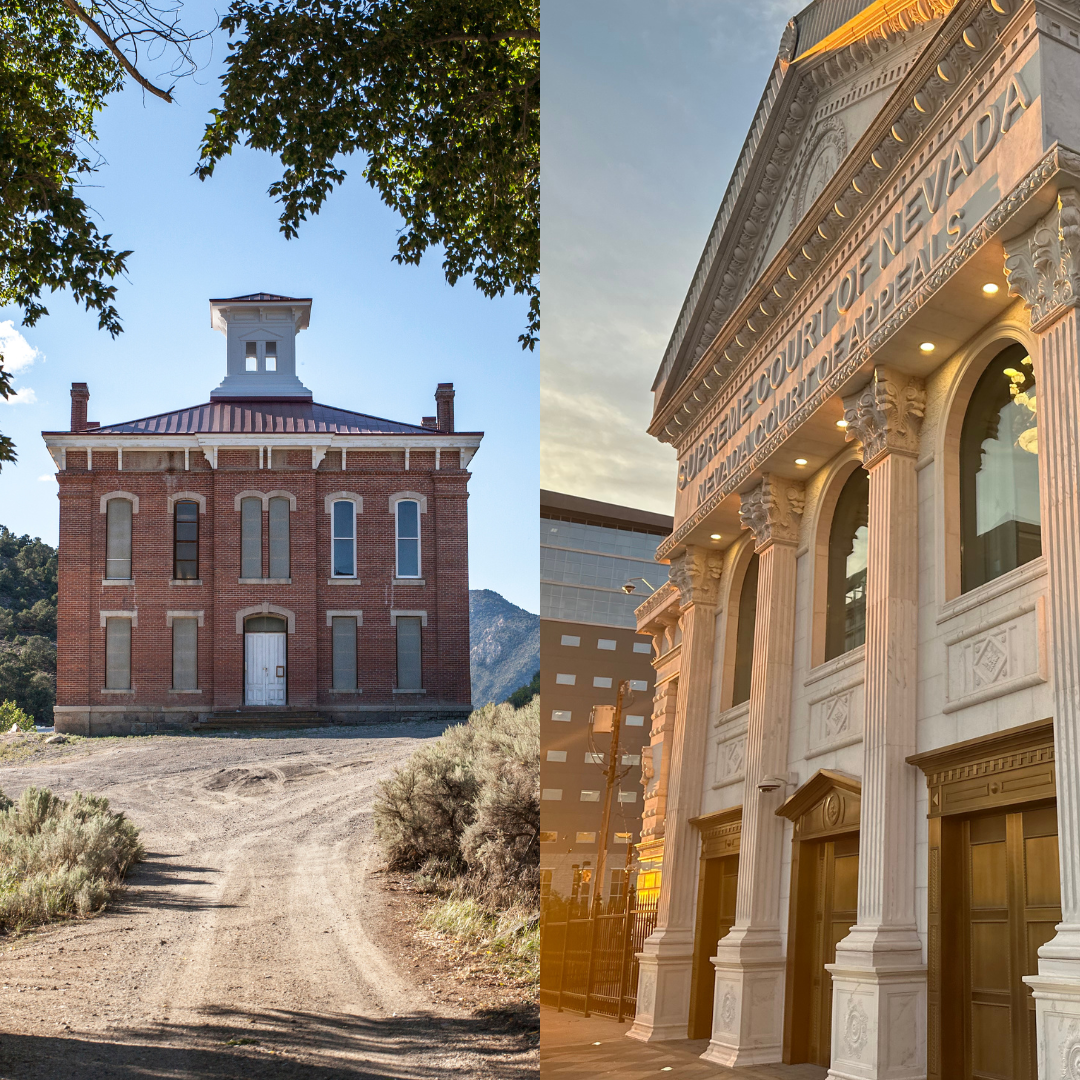 Outside shot of two courthouses in Nevada side by side